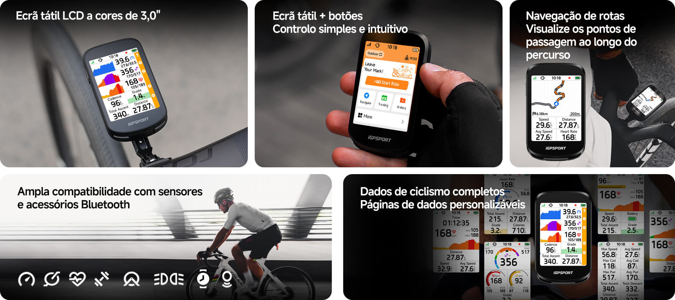Computador de bicicleta com ecrã tátil a cores